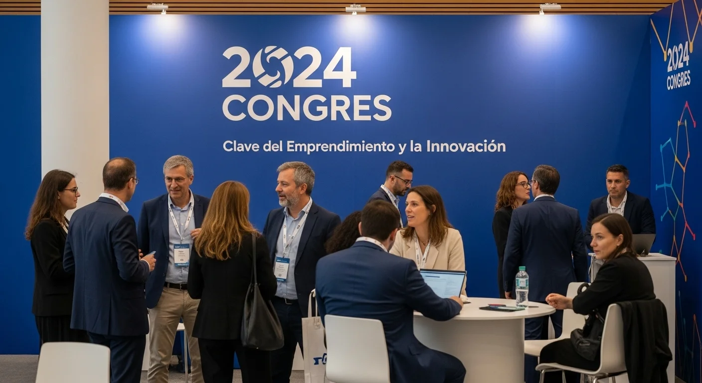 Emprendedores haciendo networking en un congreso internacional, representando las oportunidades del 2024 Congres para startups.