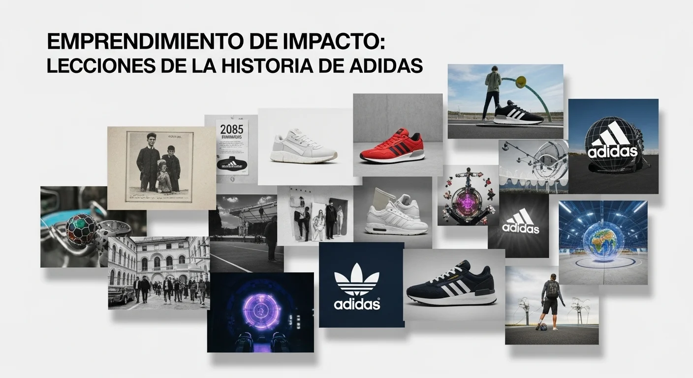 Collage de imágenes que muestra la historia del emprendimiento de Adidas y su conexión con startups modernas.