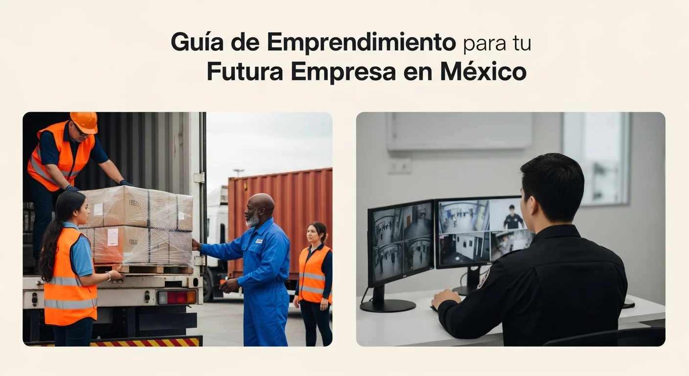 Imagen compuesta mostrando la logística de una empresa de transporte y un guardia de una empresa de seguridad, simbolizando la administración de empresas en sectores clave.