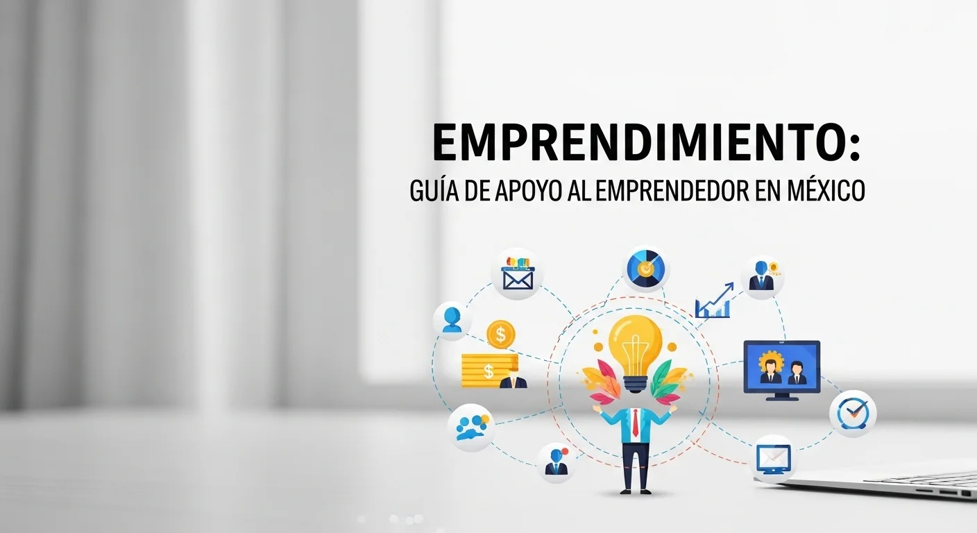 Una ilustración colorida que muestra la red de apoyo al emprendedor, con iconos de financiamiento, mentoría y emprendimiento.