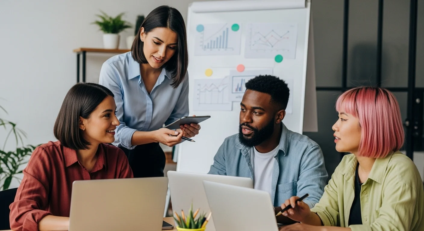 Un grupo diverso de emprendedores colaborando en una startup, simbolizando el apoyo a emprendedores 2024 en México.