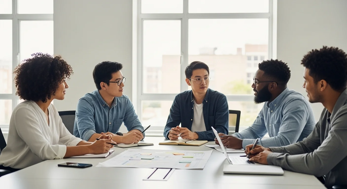 Grupo diverso de emprendedores colaborando en una oficina moderna, ejemplificando el apoyo para emprendedores en el ecosistema de startups mexicano.
