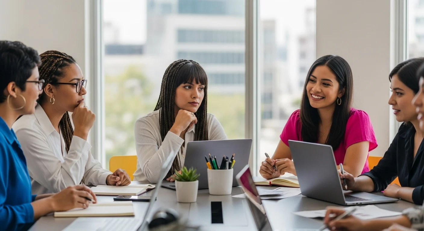 Grupo diverso de mujeres emprendedoras mexicanas colaborando en un espacio de trabajo moderno, discutiendo sobre una startup.