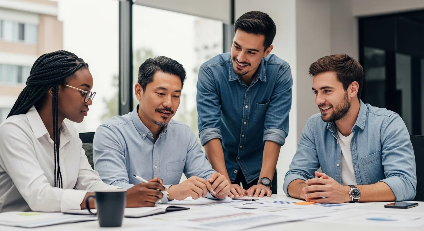 Grupo de emprendedores colaborando en una startup, simbolizando el apoyo para el emprendimiento en México.