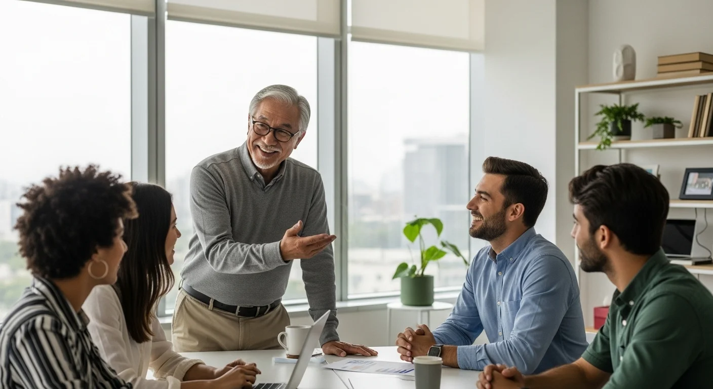 Un mentor dando asesoría a un grupo de jóvenes emprendedores en una oficina moderna, simbolizando la asesoría para crear una empresa.