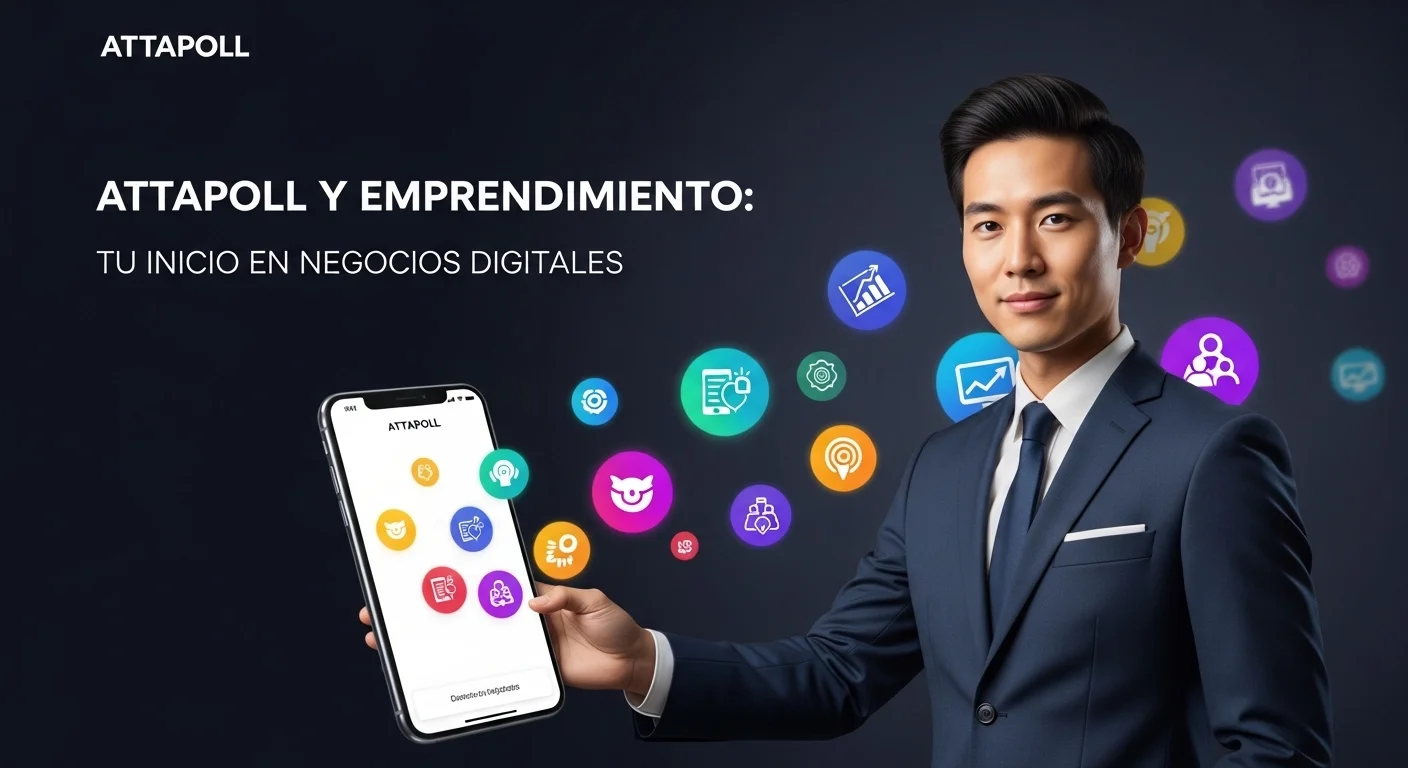 Una persona sostiene un smartphone mostrando la interfaz de Attapoll, con íconos de emprendimiento y startups flotando a su alrededor.