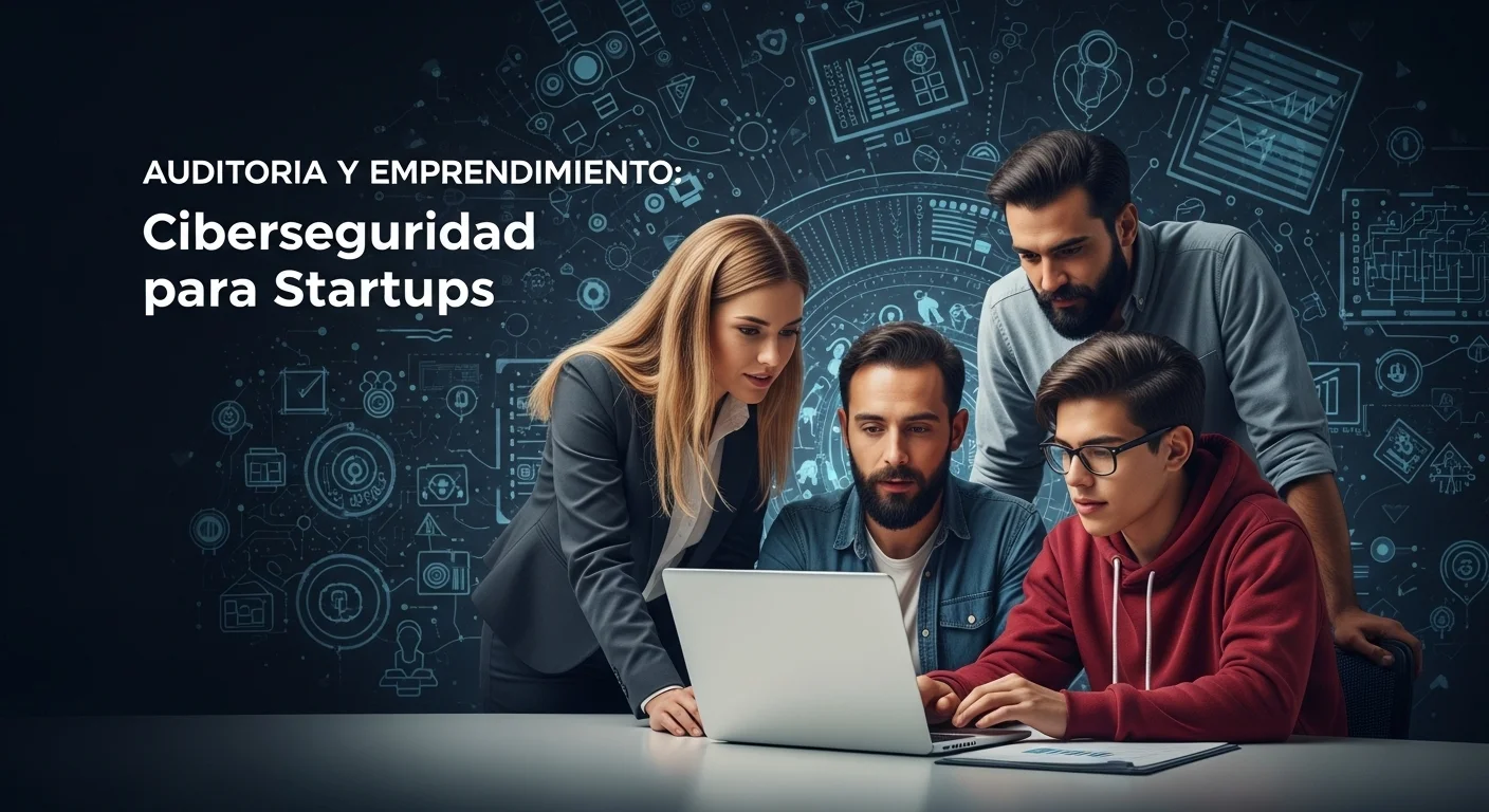 Equipo de emprendedores en una startup mexicana revisando un informe de auditoría de ciberseguridad en una laptop, con gráficos de seguridad en el fondo.