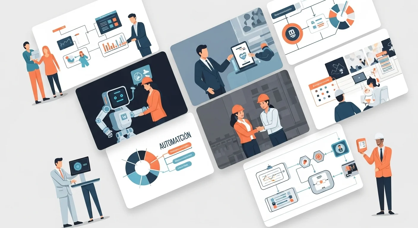 Collage de imágenes que representa el emprendimiento y las startups en México, con gráficos de robots y flujos de procesos automatizados.