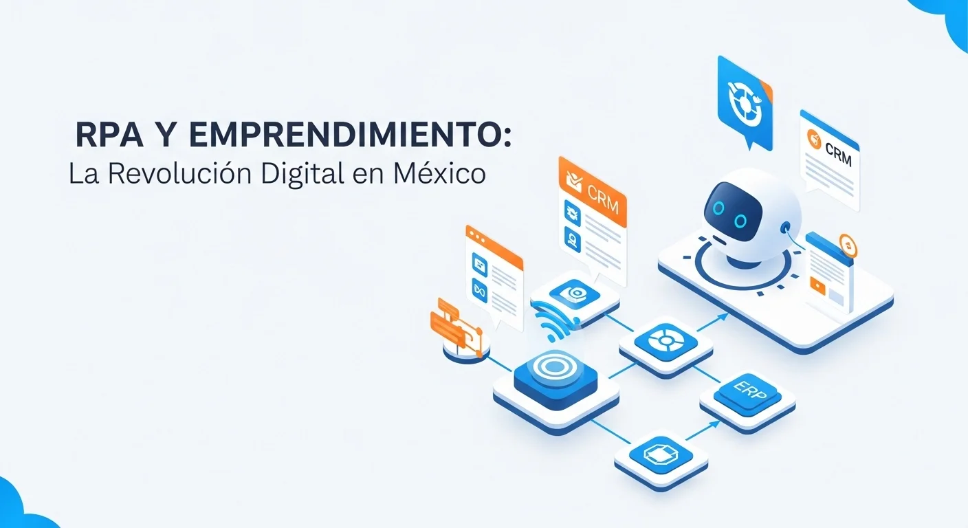 Diagrama de flujo de trabajo digital mostrando un bot de RPA interactuando con diferentes aplicaciones empresariales como CRM y ERP.