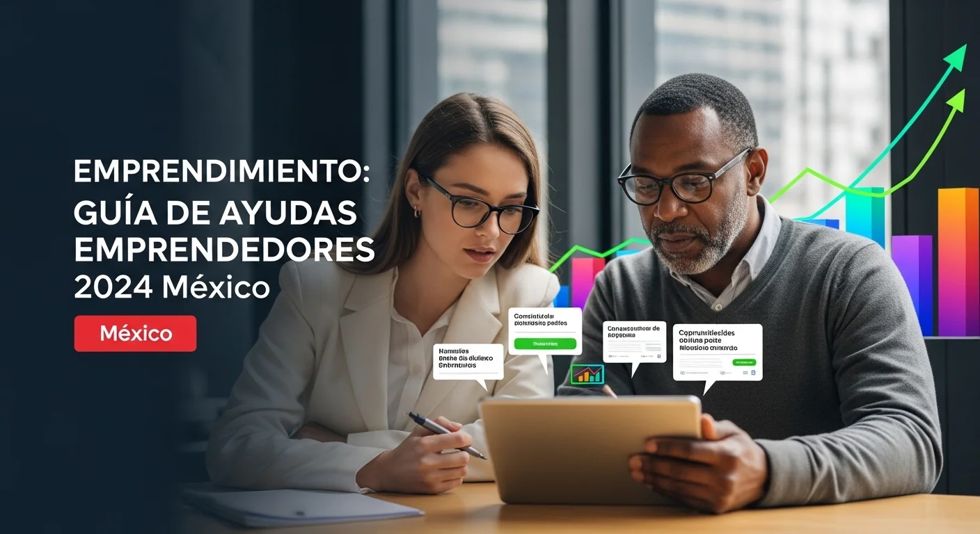 Una emprendedora y un emprendedor revisando opciones de ayudas para emprendedores en una tableta, con gráficos de crecimiento de fondo.