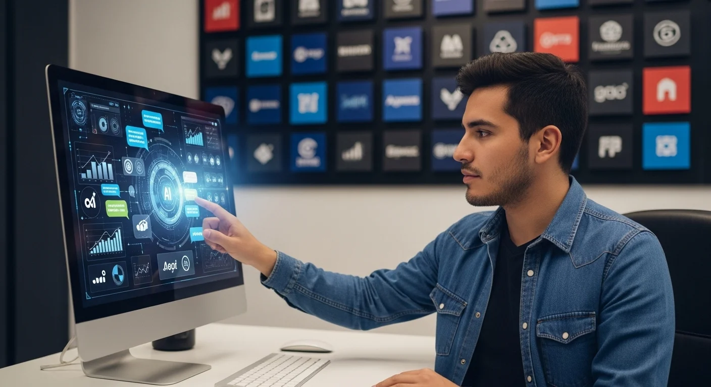 Un emprendedor mexicano en su oficina interactuando con una interfaz de un bot de IA en su computadora, con gráficos de crecimiento y logos de startups en el fondo.