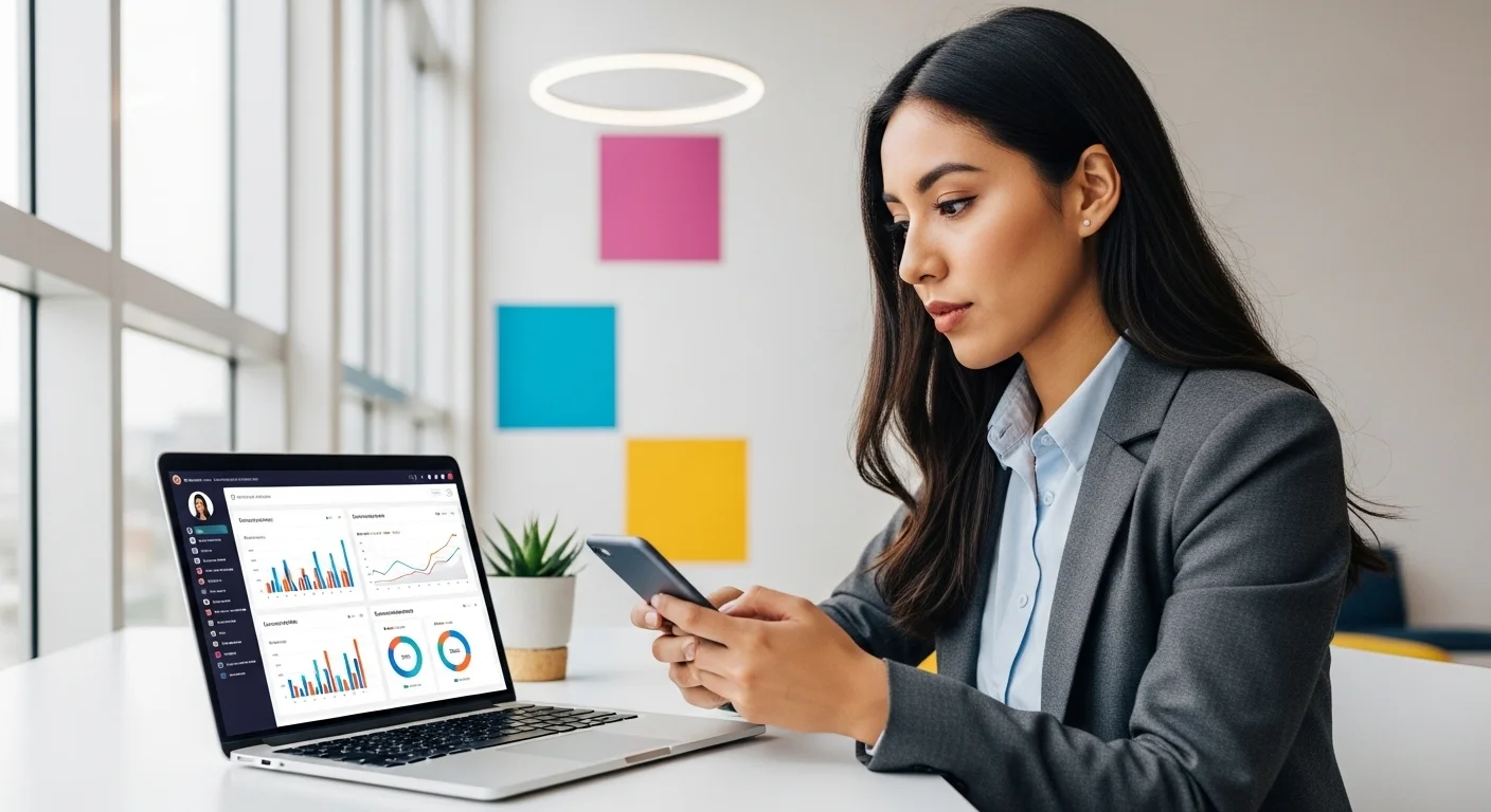 Una persona utilizando una laptop y un smartphone para gestionar las redes sociales de una marca, con gráficos de crecimiento y engagement visibles.