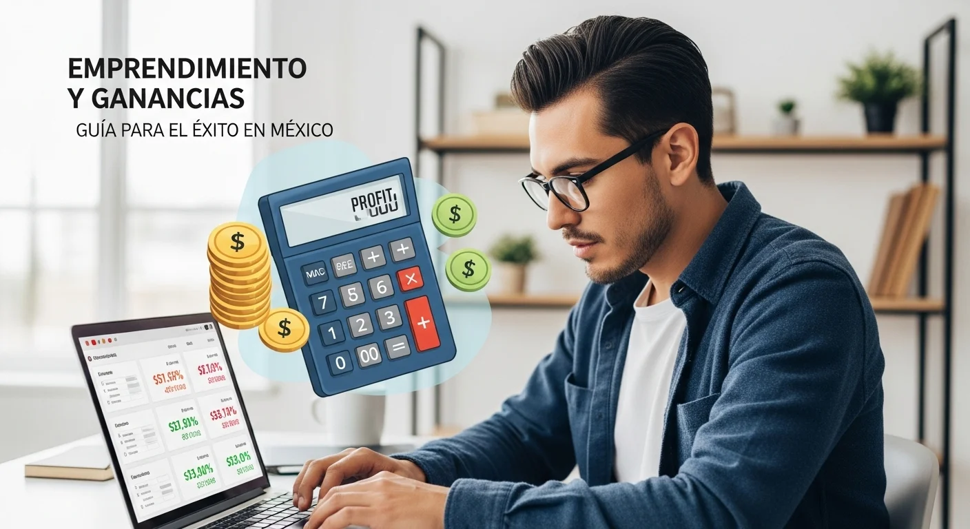 Emprendedor mexicano analizando las ganancias de su canal de YouTube en una laptop, con una ilustración de una calculadora de ganancias.