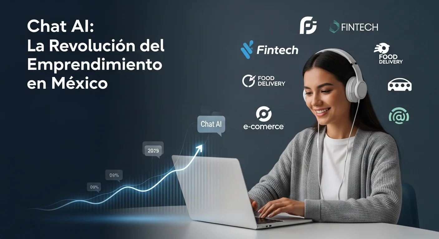 Emprendedor mexicano utilizando una laptop con una interfaz de Chat AI, con gráficas de crecimiento y logos de startups mexicanas en el fondo.