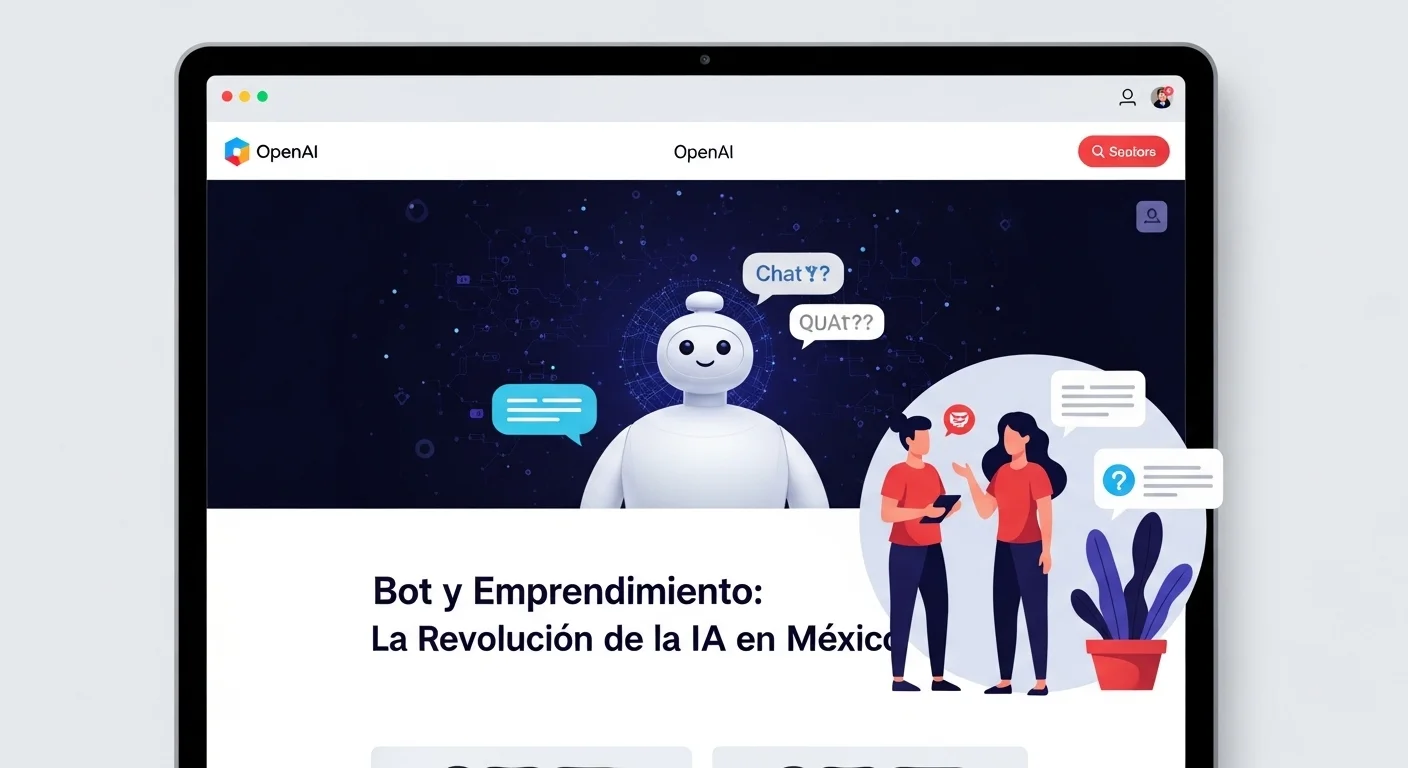 Una ilustración mostrando un chat bot de OpenAI resolviendo dudas de clientes en un sitio web de una startup, mejorando la experiencia de usuario.