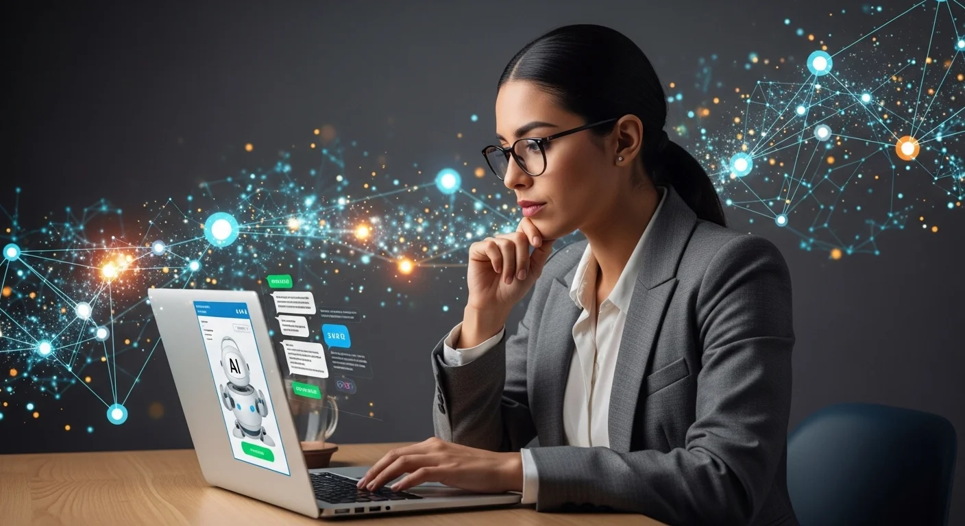 Emprendedora mexicana usando una laptop con una interfaz de chat de inteligencia artificial para planificar la estrategia de su startup, con gráficos y nodos de ideas en el fondo.