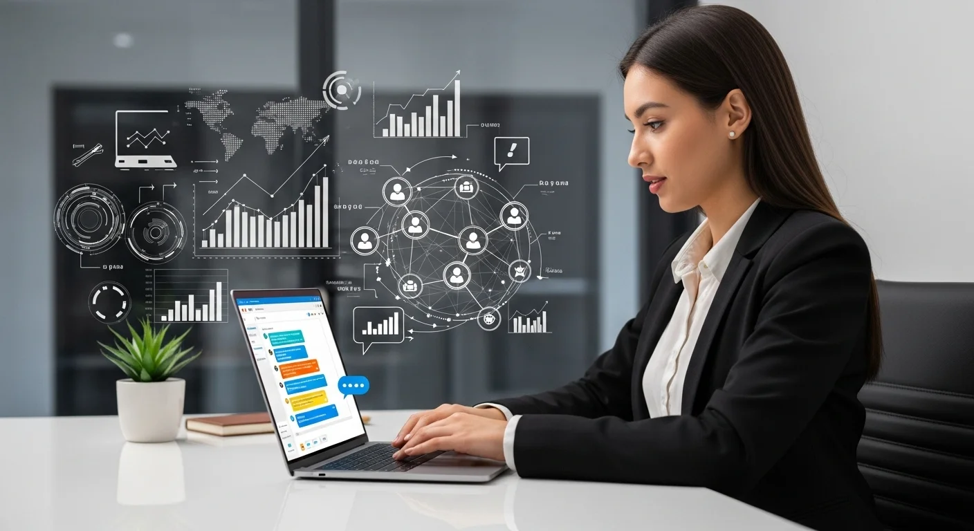 Una emprendedora mexicana en su oficina utilizando un chat online en su laptop para comunicarse con clientes, con gráficos de crecimiento y redes de fondo.