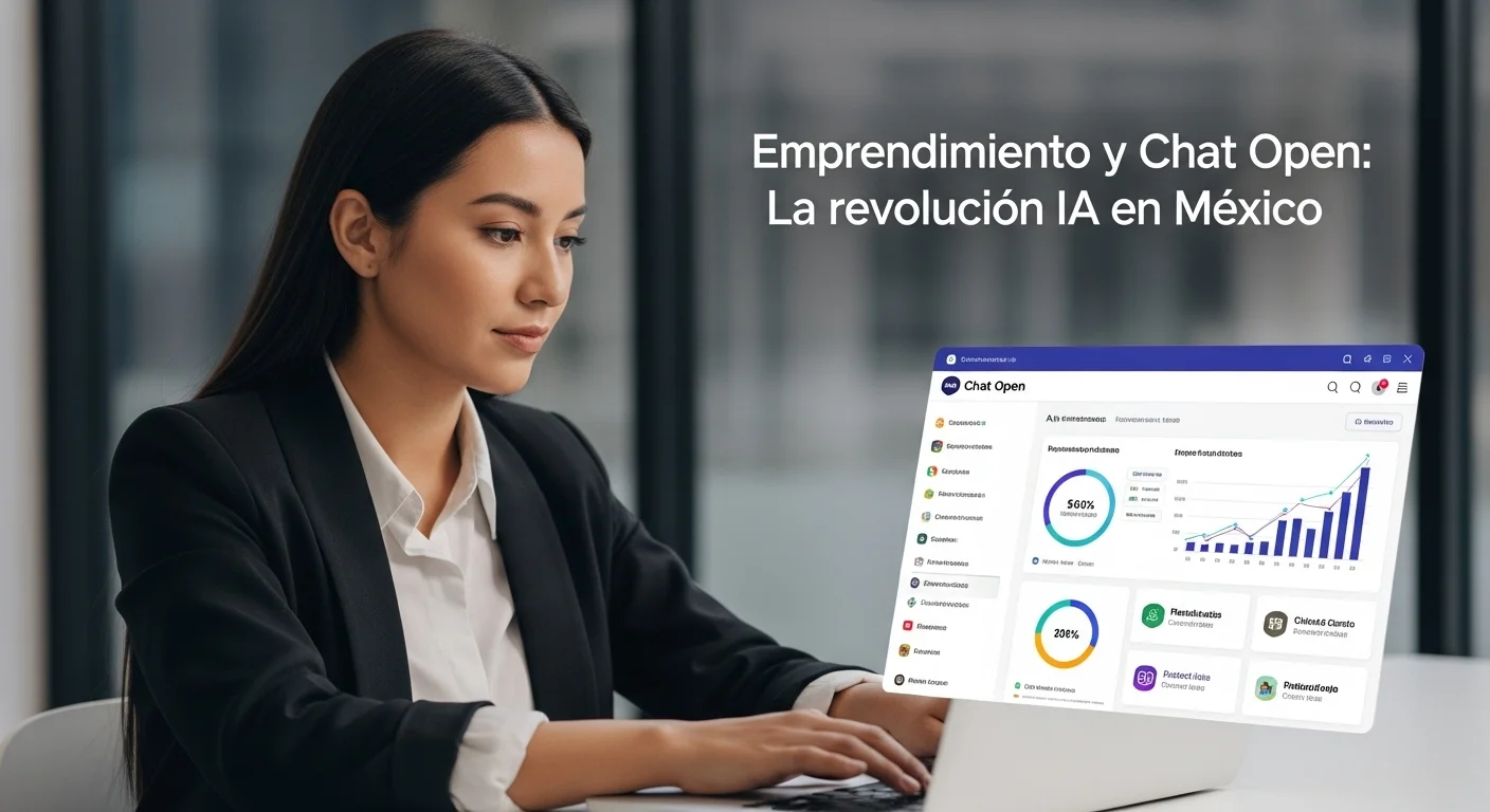 Una emprendedora mexicana utiliza una laptop con la interfaz de Chat Open, con gráficos de crecimiento y logos de startups mexicanas al fondo, simbolizando innovación.