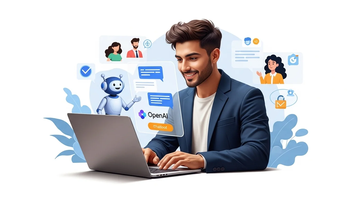 Ilustración de un emprendedor mexicano interactuando con un 'chatbot de openai' en una laptop, mejorando la experiencia del cliente para su startup, con íconos de satisfacción y eficiencia.