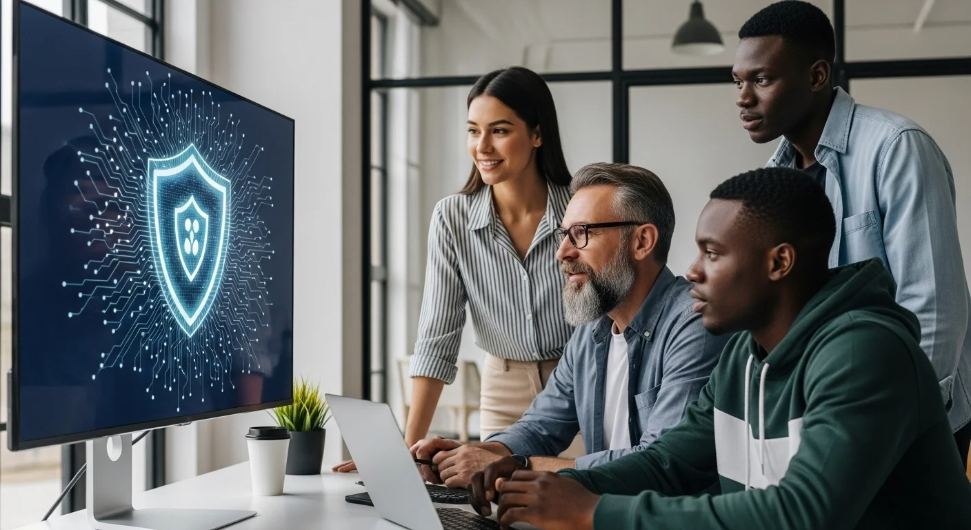 Un equipo de emprendedores en una startup en México colaborando frente a una pantalla que muestra un escudo digital, simbolizando la ciberdefensa.