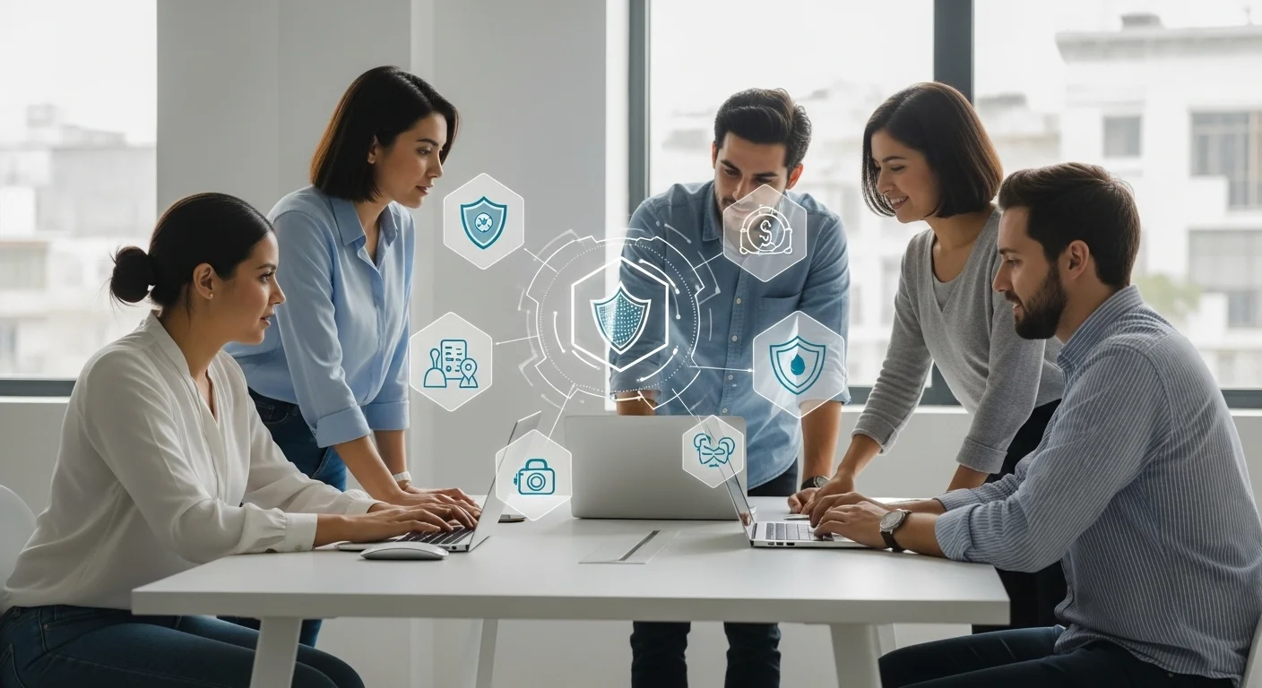 Emprendedores mexicanos en una startup colaborando en una oficina moderna, con íconos de ciberseguridad y protección de datos superpuestos, representando la importancia de la Ciberseguridad Dat.