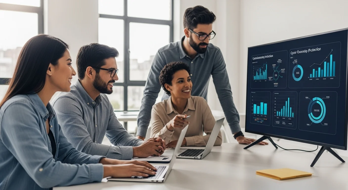 Equipo de una startup mexicana en una oficina moderna discutiendo un plan de ciberseguridad frente a una pantalla con gráficos de protección de datos.