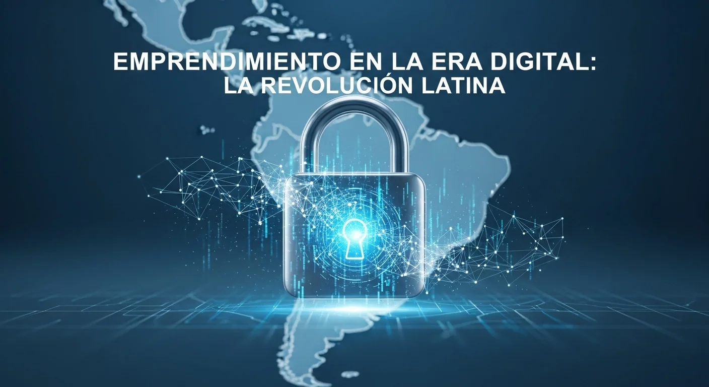 Ilustración de un candado digital protegiendo datos financieros en una red de conexiones que representa a América Latina, simbolizando la importancia de la ciberseguridad en el ecosistema fintech.
