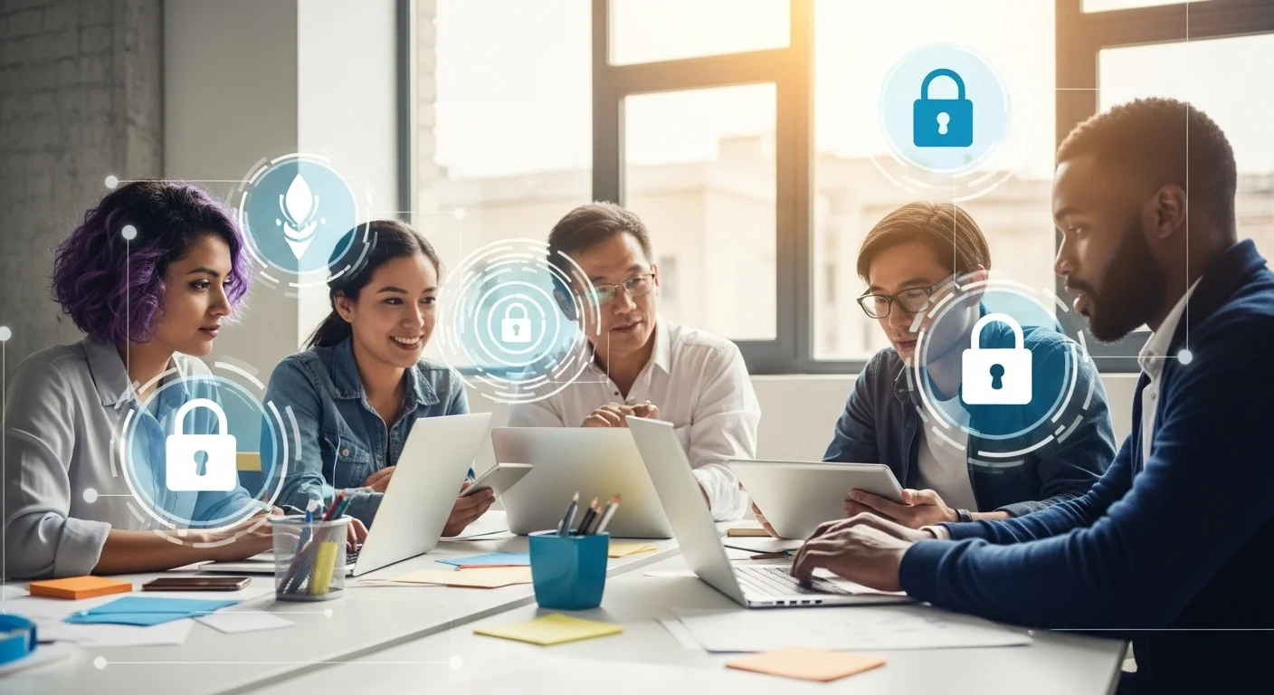 Un grupo de emprendedores diversos colaborando en una oficina moderna tipo startup, con gráficos de ciberseguridad y candados digitales superpuestos.