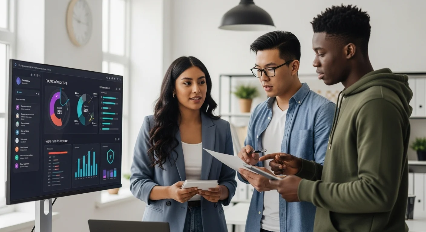 Equipo de emprendedores en una startup discutiendo un plan de ciberseguridad frente a una pantalla con gráficos de protección de datos.