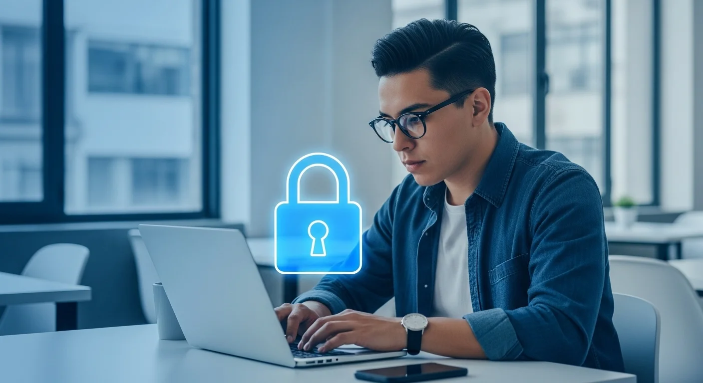 Emprendedor trabajando en una laptop con un candado digital superpuesto, simbolizando la ciberseguridad para startups y el emprendimiento en México.