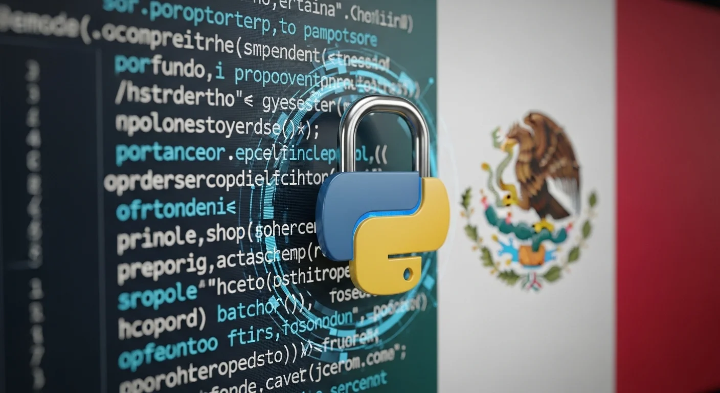 Una pantalla de computadora mostrando líneas de código Python para ciberseguridad, con un candado digital superpuesto y la bandera de México en el fondo, simbolizando la protección de datos.