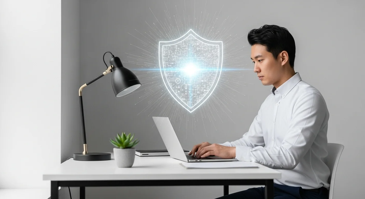 Emprendedor trabajando en una laptop con un holograma de un escudo digital que representa la ciberseguridad red y protege su startup.