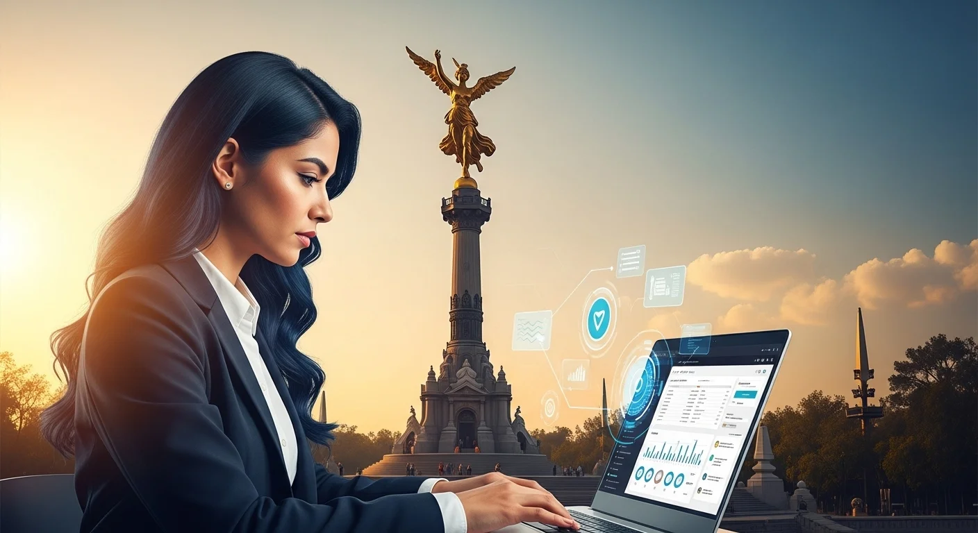 Una emprendedora mexicana trabajando en su laptop que muestra un dashboard de soluciones de ciberseguridad, con el Ángel de la Independencia de fondo.