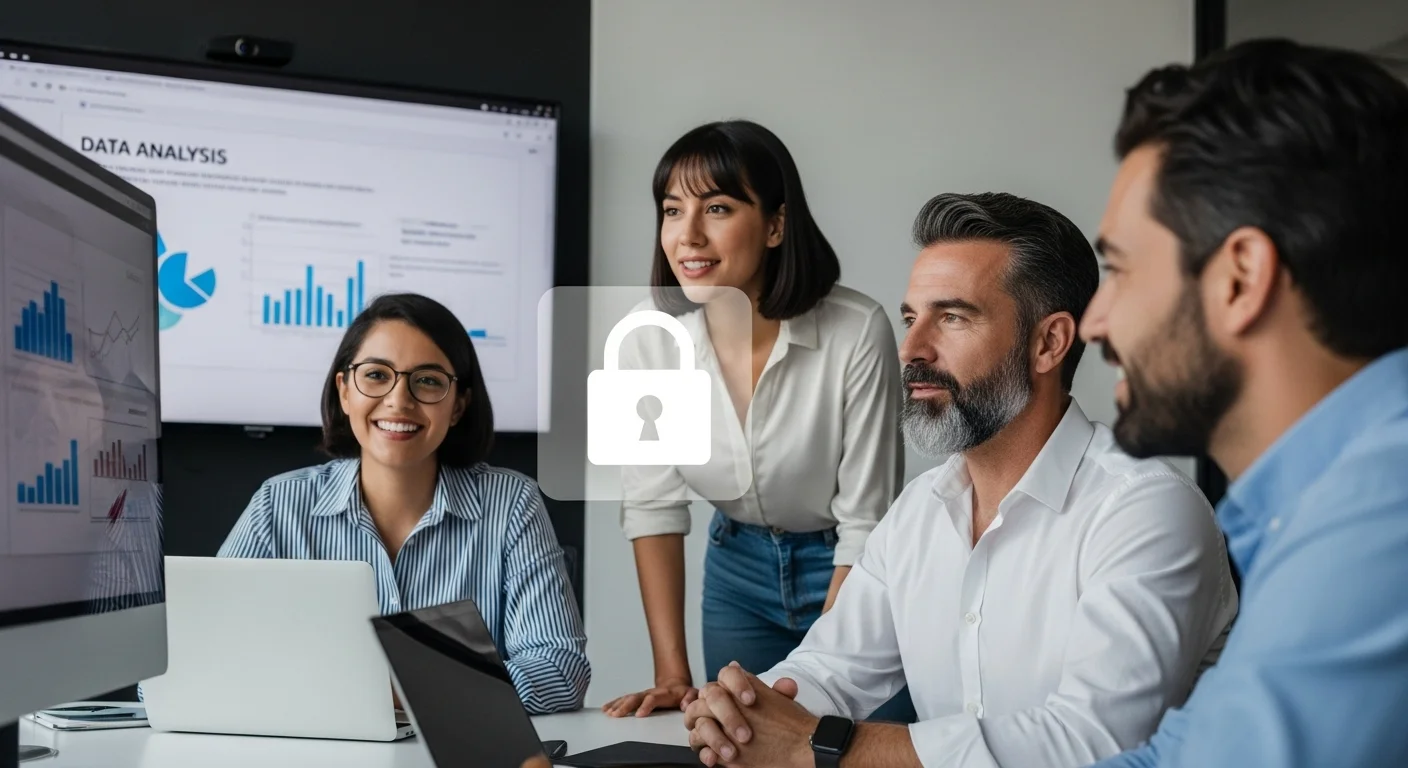 Equipo de una startup mexicana en una videoconferencia, con un icono de candado superpuesto, representando la ciberseguridad en el trabajo híbrido.