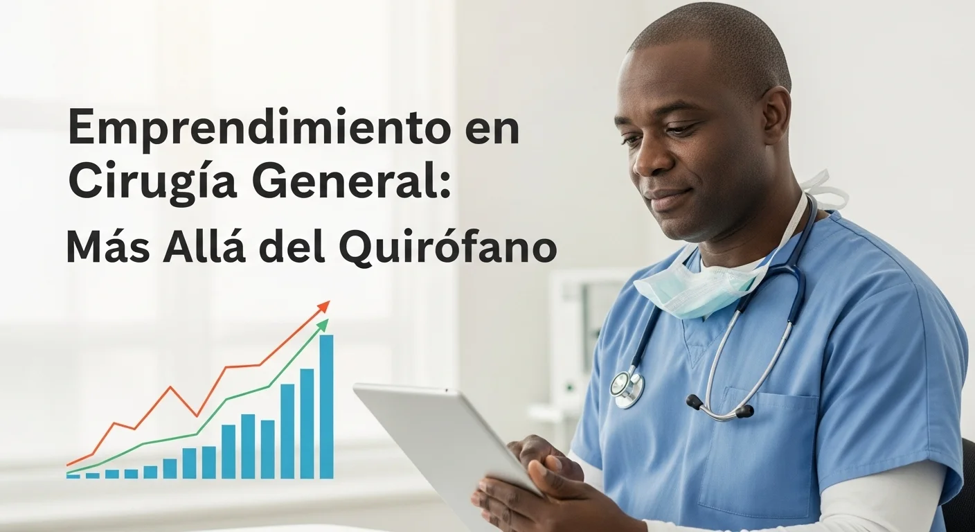 Cirujano analizando datos en una tableta con gráficos de crecimiento de una startup de salud en el fondo, simbolizando el emprendimiento en Cirugía General.