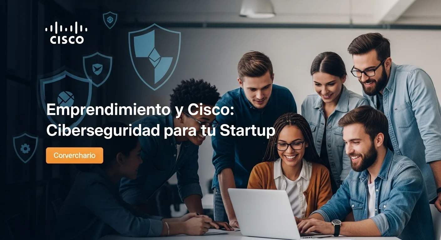 Jóvenes emprendedores colaborando en una startup tecnológica con logos de Cisco y escudos de ciberseguridad en el fondo.