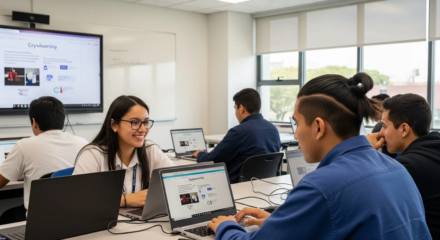 Estudiantes en un aula del Cisco Networking Academy en México aprendiendo sobre ciberseguridad en computadoras.