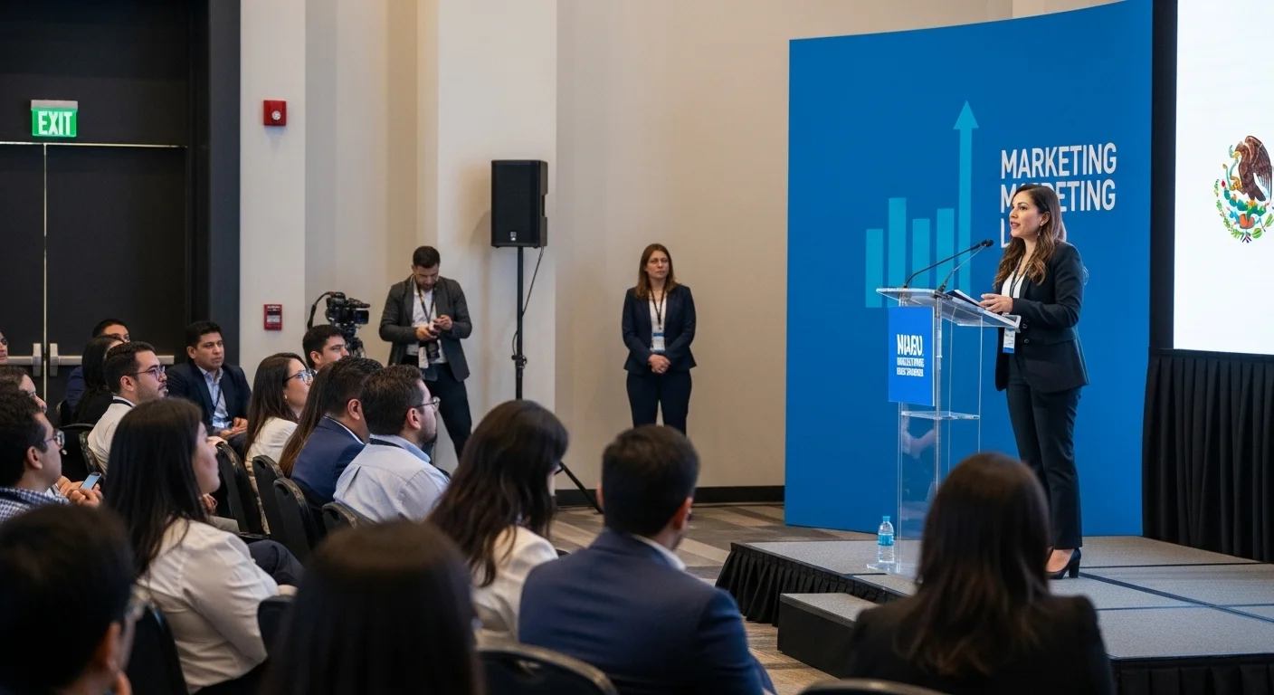 Una audiencia en una conferencia sobre marketing y emprendimiento, simbolizando el networking y aprendizaje en el ecosistema de startups mexicano