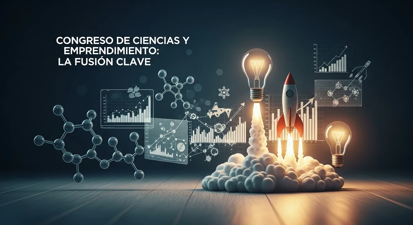 Una imagen conceptual que fusiona elementos de un congreso científico, como moléculas y gráficos de datos, con símbolos de emprendimiento como bombillas de ideas y cohetes de startup.
