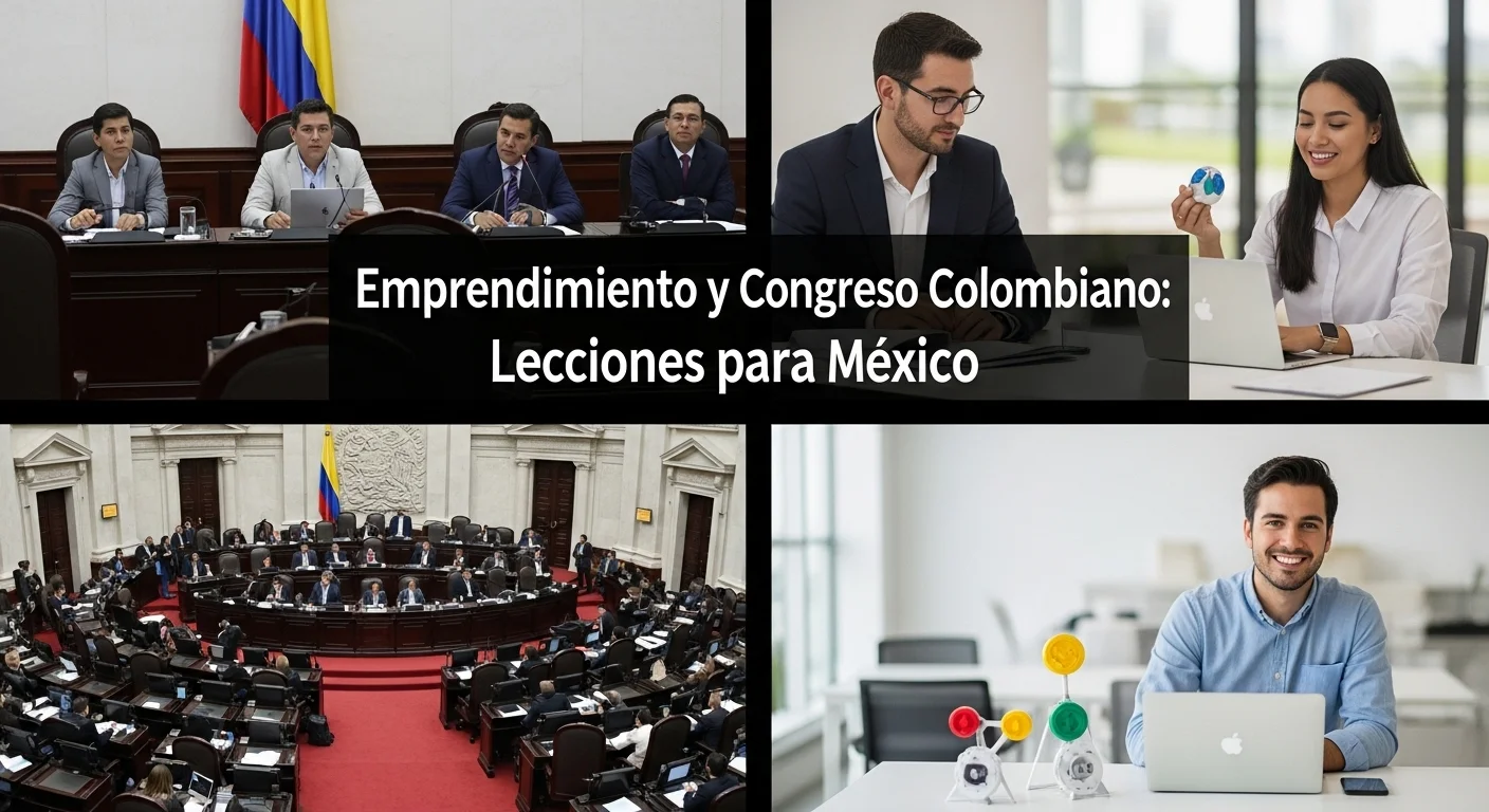 Collage de imágenes que representa el Congreso Colombiano y startups mexicanas trabajando en innovación tecnológica
