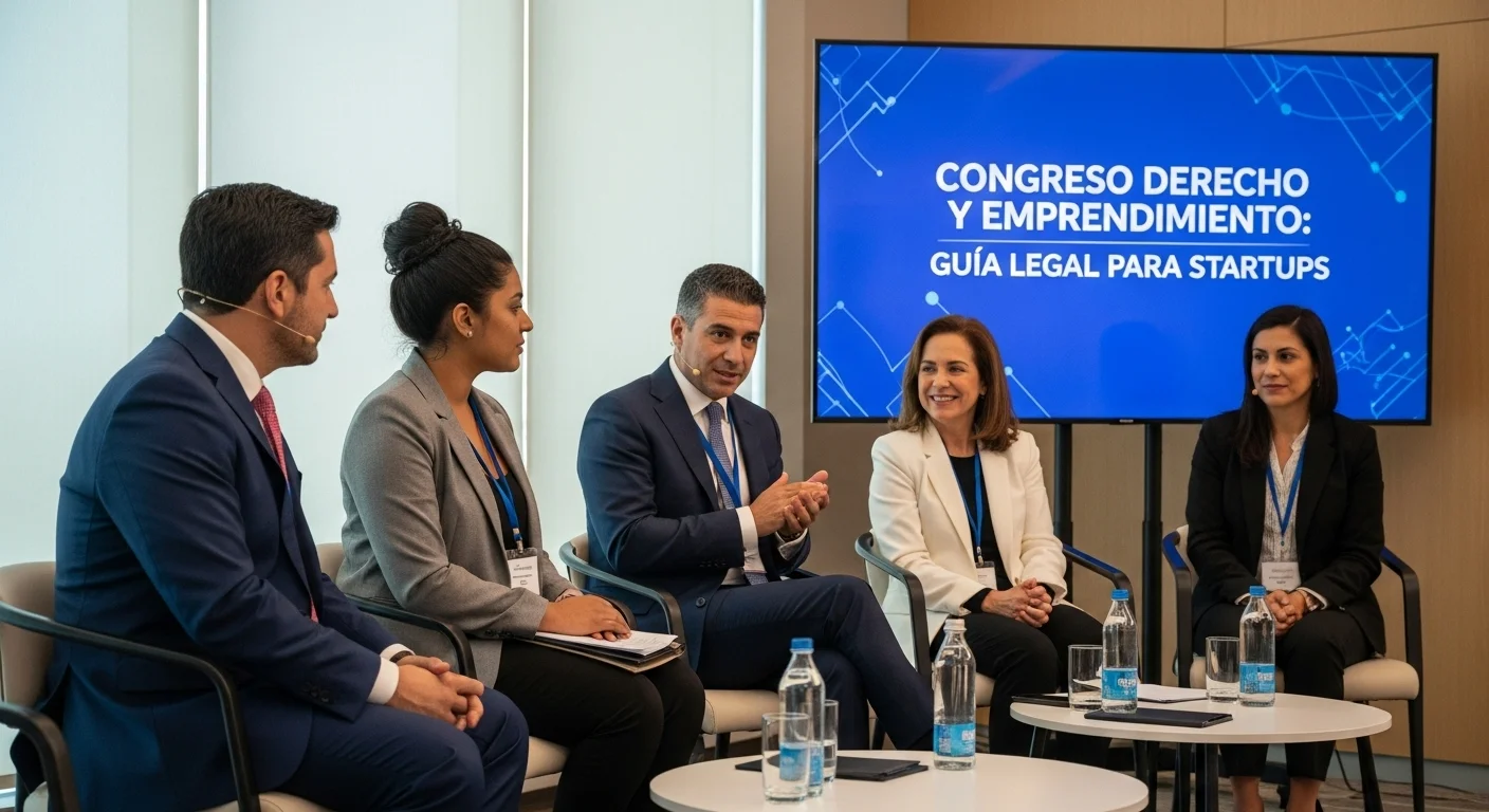 Abogados y emprendedores discutiendo en un panel durante un Congreso Derecho sobre temas de startups y emprendimiento.