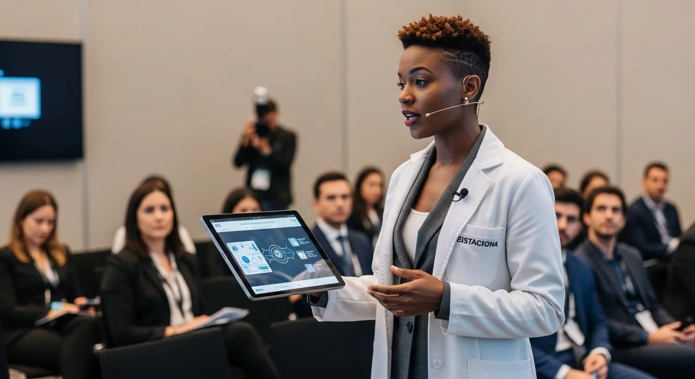 Médico dermatólogo emprendedor presentando su proyecto de startup en un congreso internacional de dermatología, explicando un modelo de negocio innovador.