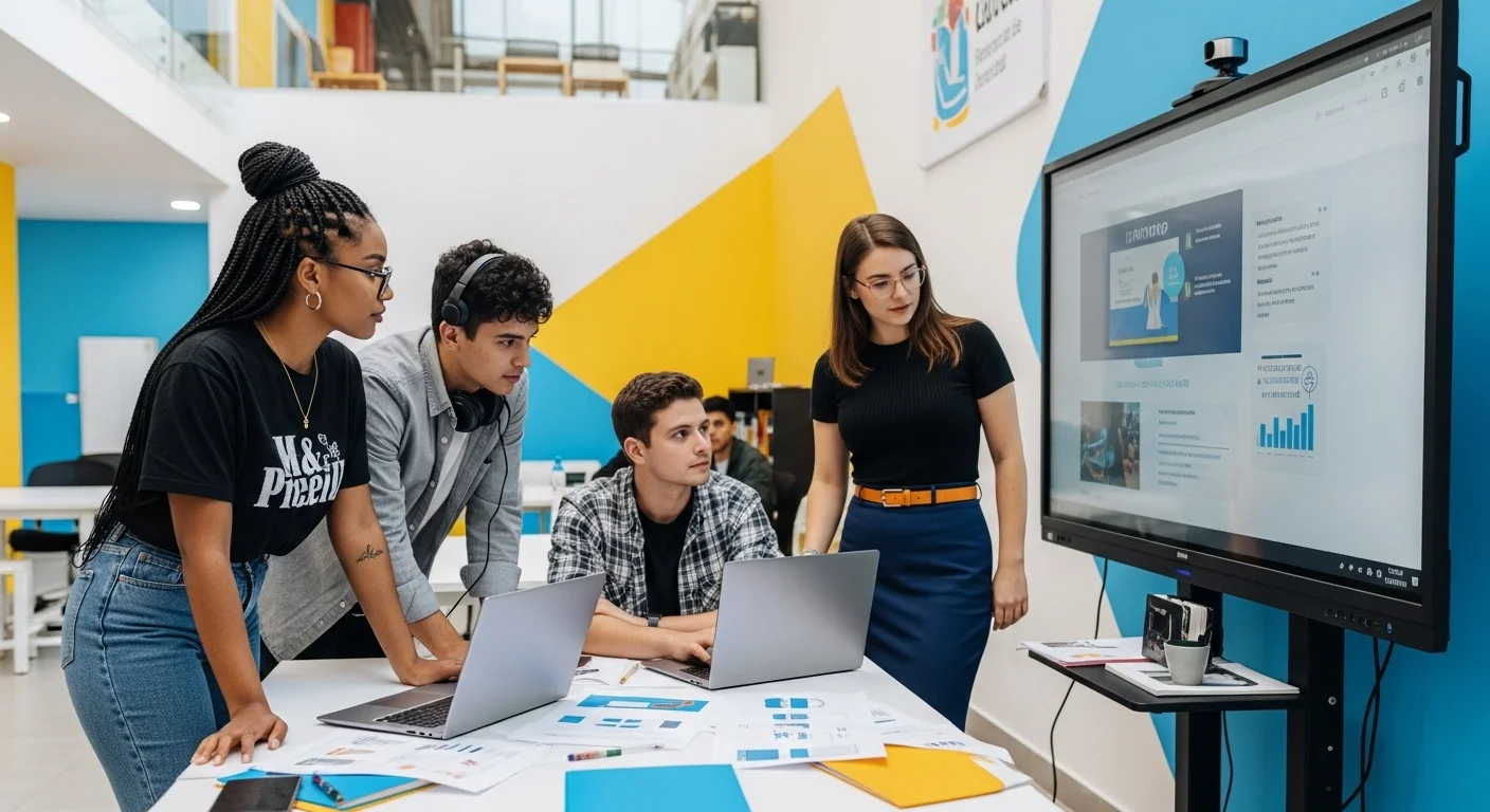Estudiantes colaborando en un proyecto de startup en un aula moderna, simbolizando la unión de emprendimiento y el Congreso de Educación 2024.