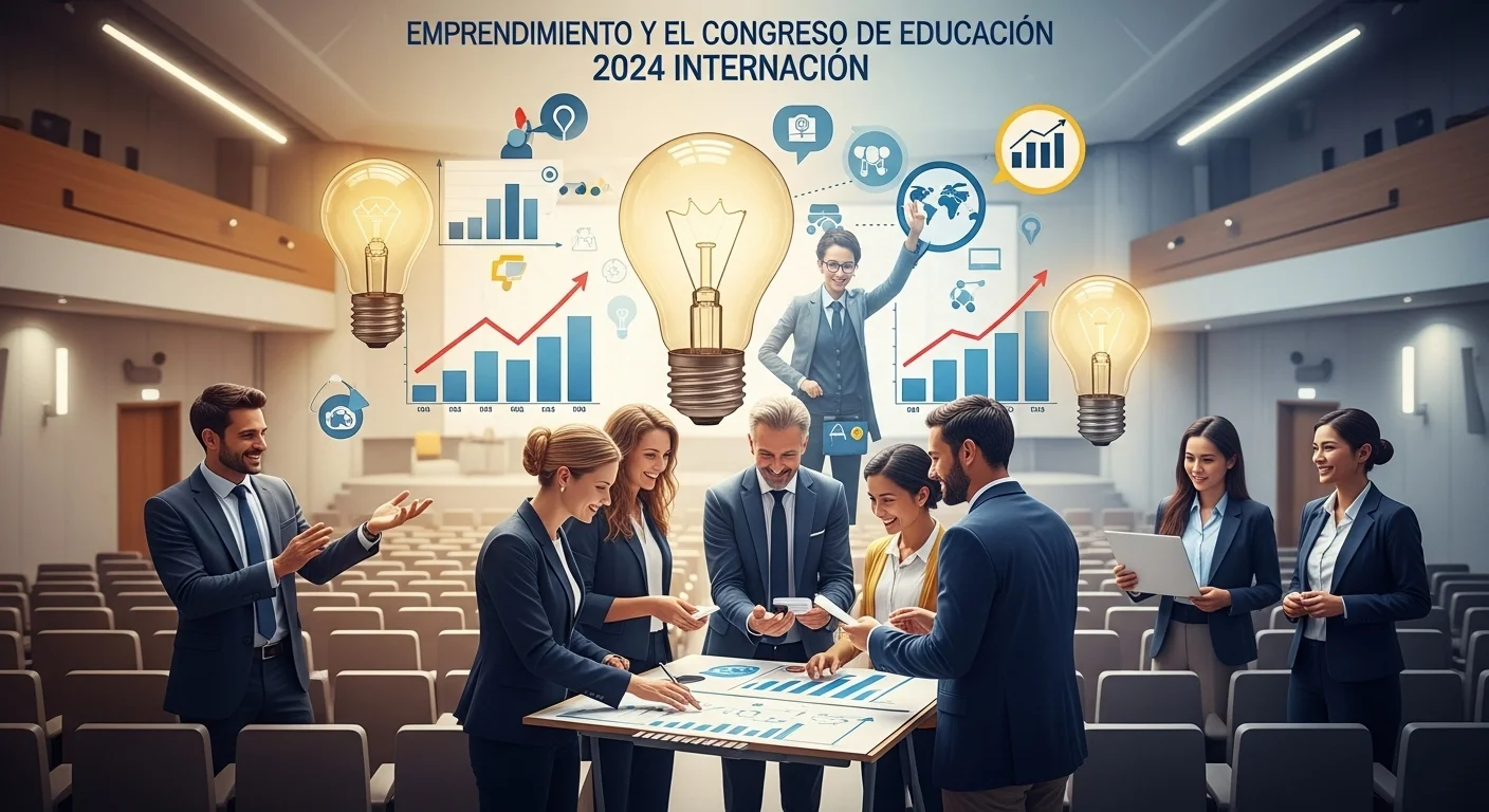 Una imagen conceptual que fusiona un auditorio de congreso con elementos de startups como bombillas de ideas, gráficos de crecimiento y personas colaborando en un proyecto.