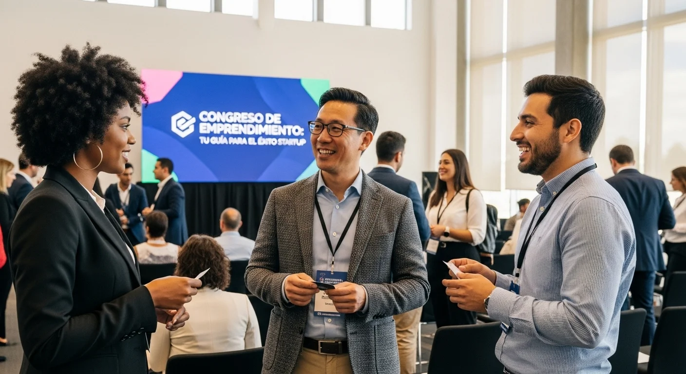Emprendedores haciendo networking en un congreso de startups en México, intercambiando ideas y tarjetas de presentación.