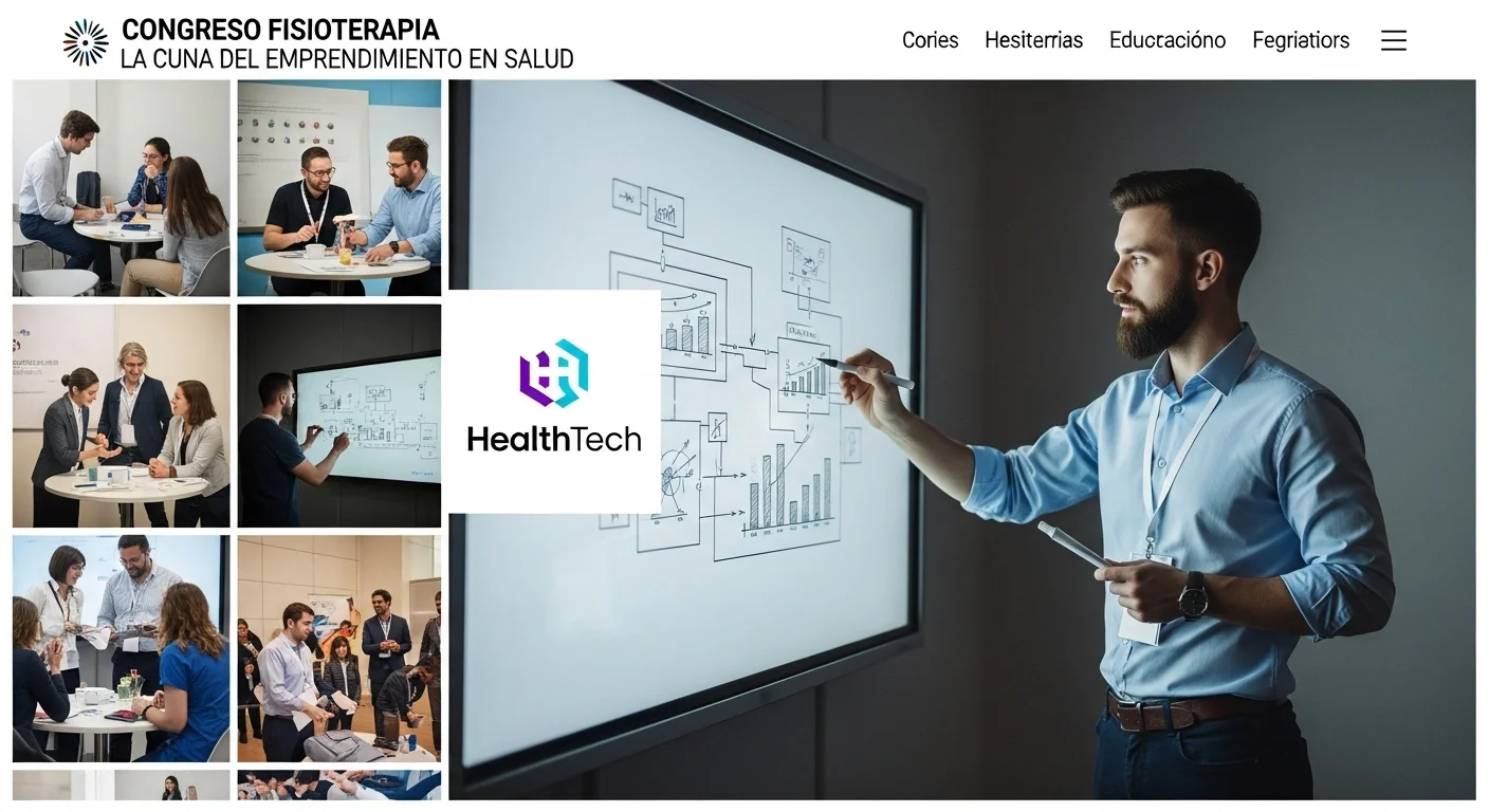 Collage de imágenes que muestra a fisioterapeutas en un congreso, una persona dibujando un plan de negocios y el logo de una startup tecnológica.