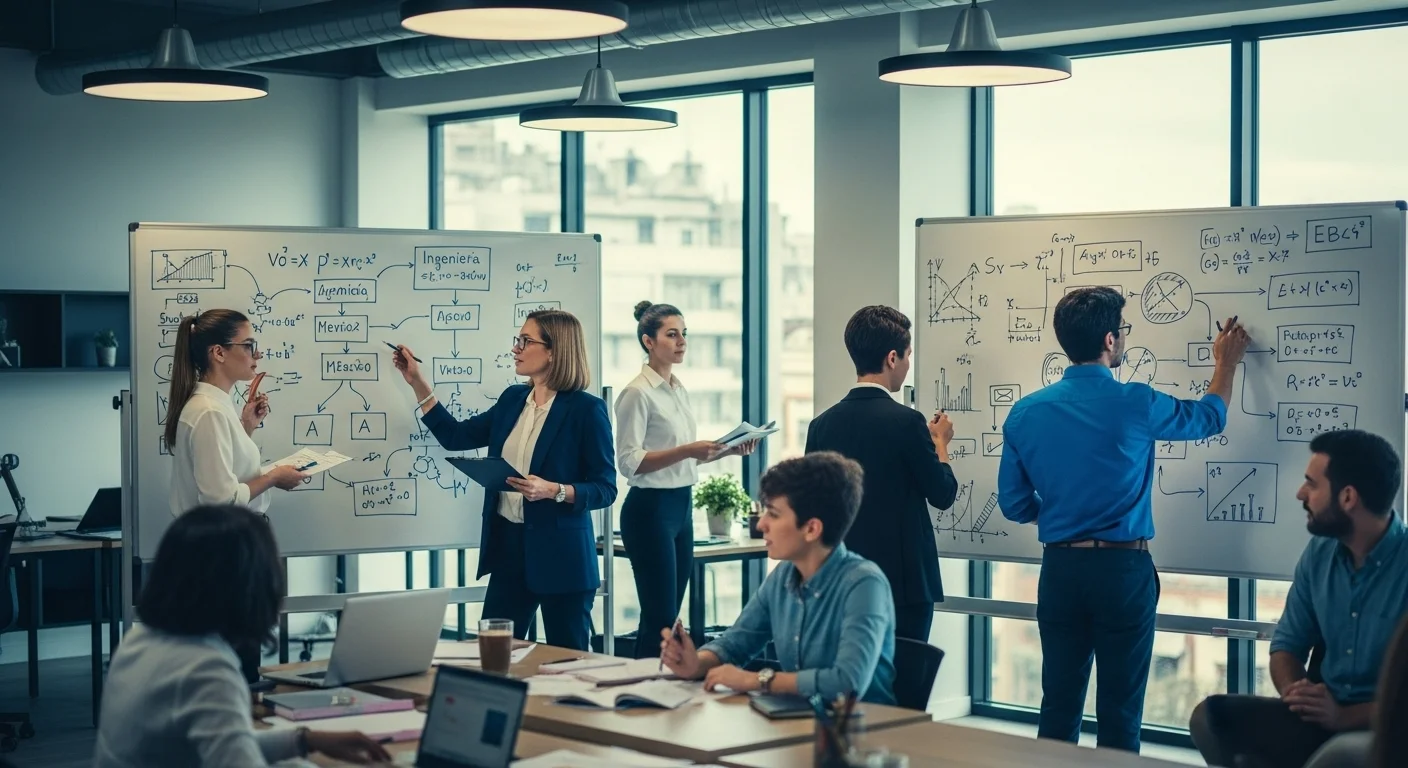 Una imagen dinámica que muestra a un grupo diverso de ingenieros colaborando en un espacio moderno tipo startup, con pizarrones llenos de fórmulas y diagramas de flujo, simbolizando la fusión de la ingeniería y el emprendimiento.