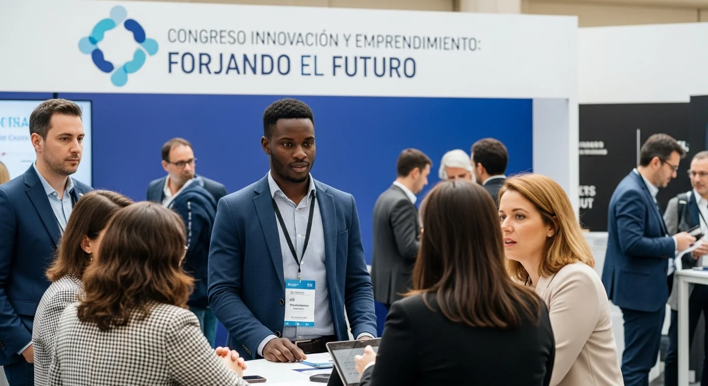 Emprendedores haciendo networking en un congreso de innovación, discutiendo sobre startups y tecnología