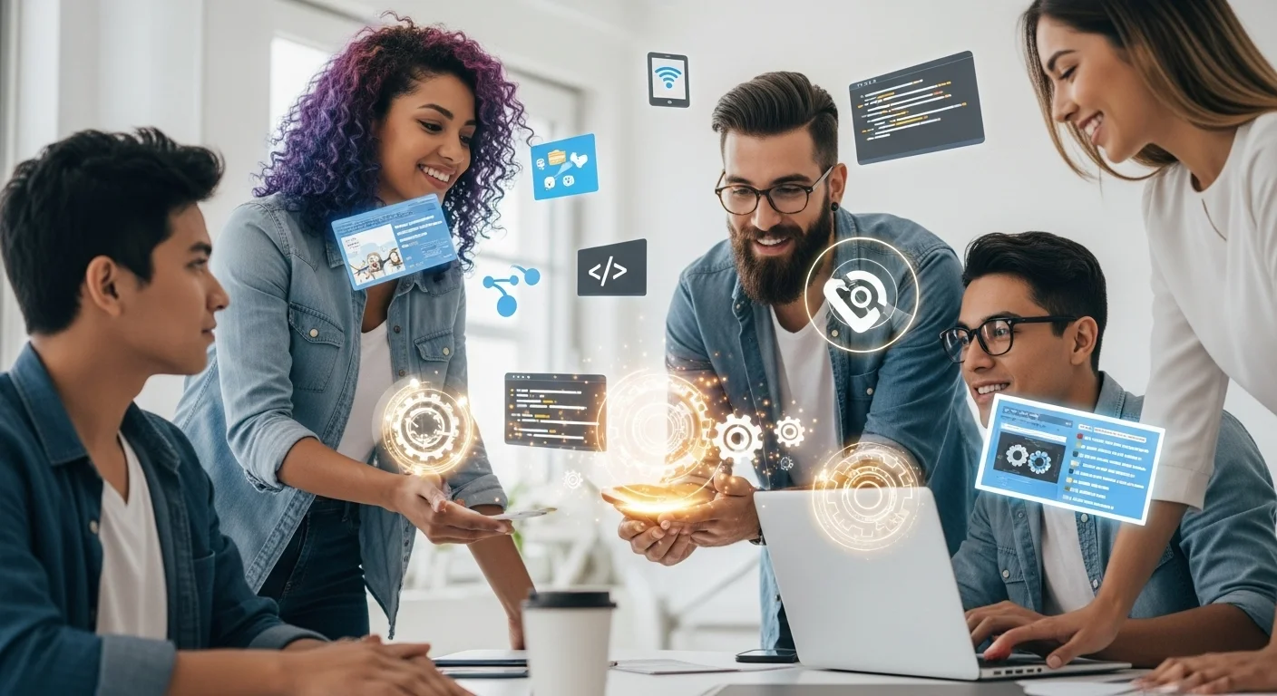 Una imagen dinámica que muestra a un grupo diverso de emprendedores colaborando en un espacio moderno, con íconos de tecnología y startups flotando a su alrededor, representando la innovación en un congreso latinoamericano.