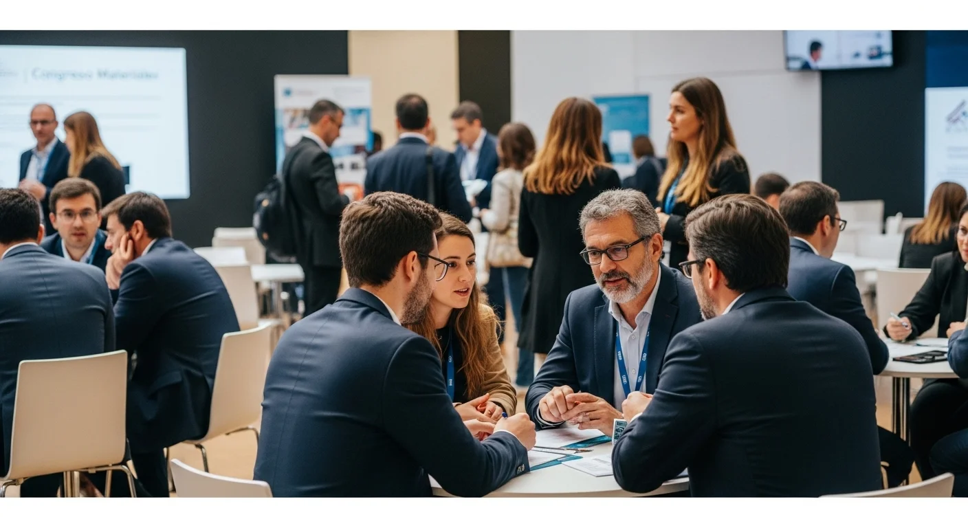 Escena de un congreso de materiales con emprendedores y científicos discutiendo innovaciones, representando la conexión entre Congreso Materiales y el emprendimiento de startups.